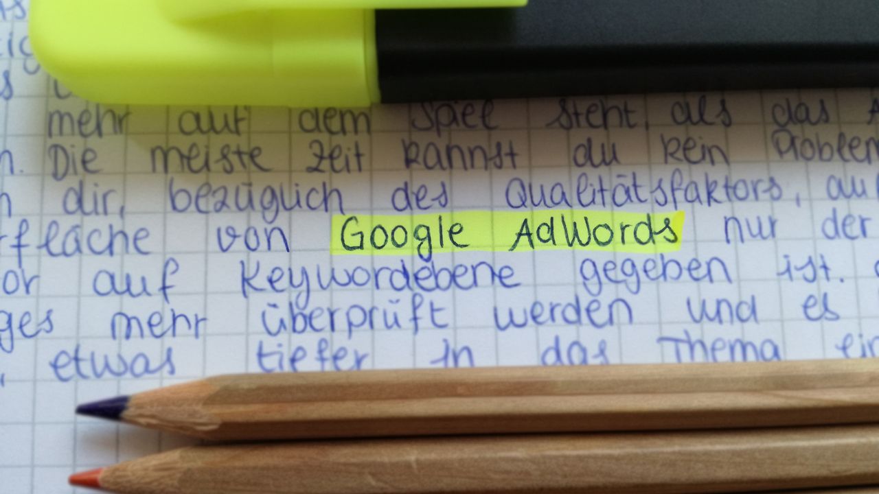 Handwritten marketing notes with Google AdWords highlighted, representing Google Ads for dentists